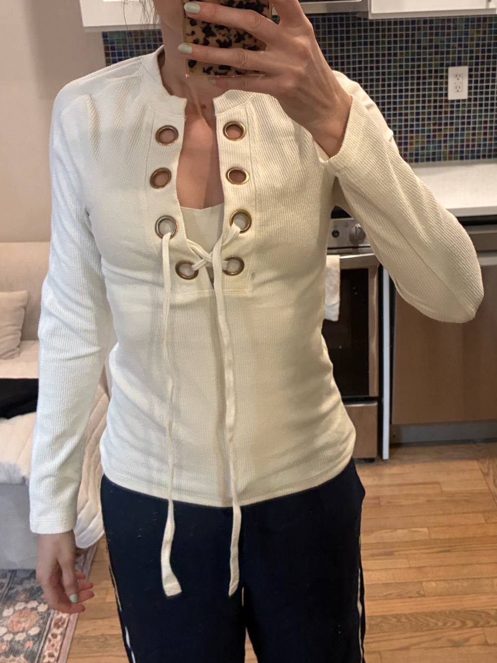 10 Crosby Derek Lam Cream Lace-Up Long Sleeve Top with Grommets